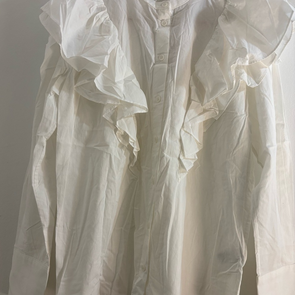 Zara White Ruffled Button-Front Long Sleeve Blouse XS 100% Cotton
